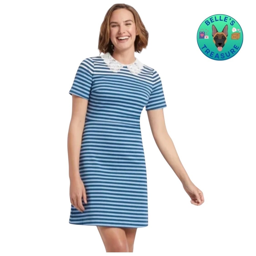 Draper James Dress Lace Collar Striped Persley Blue White Coastal Beach Women XS